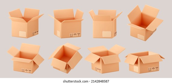 3D cardboard open box icon set with symbols isolated on gray background. Render delivery cargo box with fragile care sign symbol, handling with care, protection from water rain. 3d realistic vector