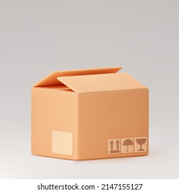 3d cardboard open box icon standing front view isolated on gray background. Render delivery cargo box with fragile care sign symbol, handling with care, protection from water rain. 3d realistic vector