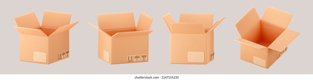 3D cardboard open box icon set with symbols isolated on gray background. Render delivery cargo box with fragile care sign symbol, handling with care, protection from water rain. 3d realistic vector