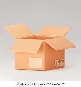 3d cardboard open box icon standing front view isolated on gray background. Render delivery cargo box with fragile care sign symbol, handling with care, protection from water rain. 3d realistic vector