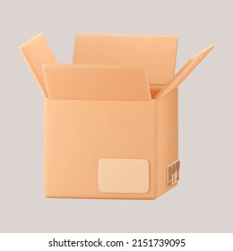 3D cardboard open box icon with symbols isolated on gray background. Render delivery cargo box with fragile care sign symbol, handling with care, protection from water rain. 3d realistic vector