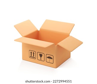 3D cardboard open box isolated on white background. Render delivery cargo box. Cartoon style cardboard box or delivery package. 3d realistic vector