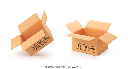 3D cardboard open box isolated on white background. Delivery cargo box. Cartoon style cardboard box or delivery package.Vector 3d realistic