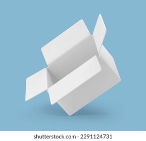 3D cardboard open box isolated on blue background. Delivery cargo box. Cardboard box or delivery package. Vector 3d illustration