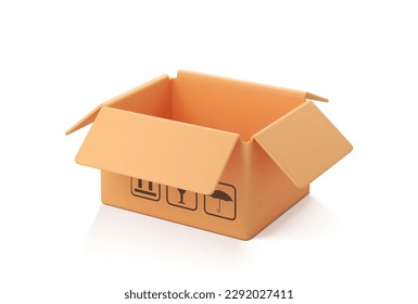 3D-Karton, offener Karton einzeln auf weißem Hintergrund. Frachtkasten ausliefern. Karton-Karton oder Lieferpaket. 3D-realistischer Vektor