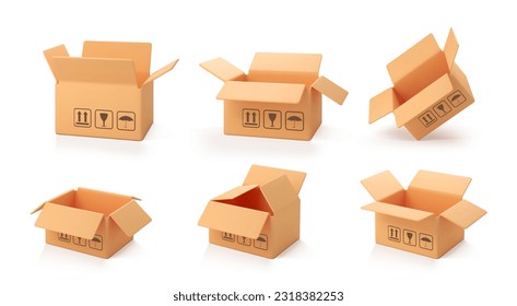 3D cardboard open boxes isolated on white background. Delivery cargo box. Cartoon style cardboard box or delivery package. 3d realistic vector