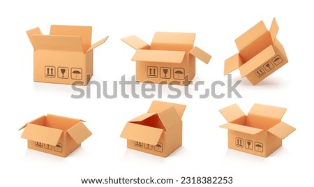 3D cardboard open boxes isolated on white background. Delivery cargo box. Cartoon style cardboard box or delivery package. 3d realistic vector