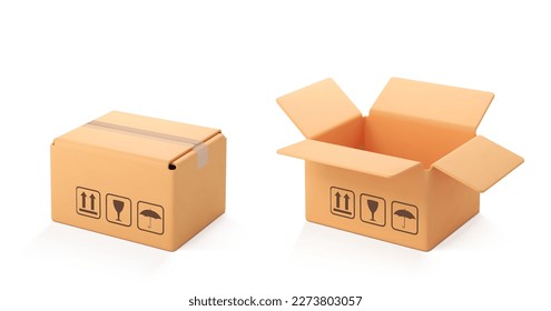 3D cardboard open and closed box isolated on white background. Render delivery cargo box. Cartoon style cardboard box or delivery package. 3d realistic vector