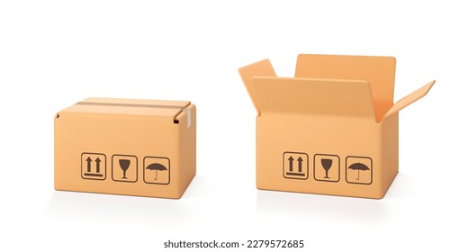 3D cardboard open and closed box isolated on white background. Delivery cargo box. Cartoon style cardboard box or delivery package. Vector 3d realistic
