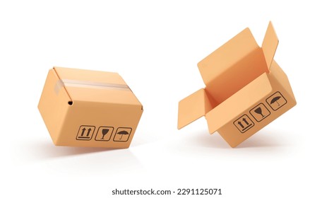 3D cardboard open and closed box isolated on white background. Delivery cargo box. Cartoon style cardboard box or delivery package. Vector 3d realistic