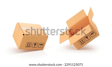 3D cardboard open and closed box isolated on white background. Delivery cargo box. Cartoon style cardboard box or delivery package. Vector 3d realistic
