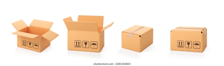 3D cardboard open and closed boxes isolated on white background. Delivery cargo box. Cartoon style cardboard box or delivery package. Vector 3d realistic