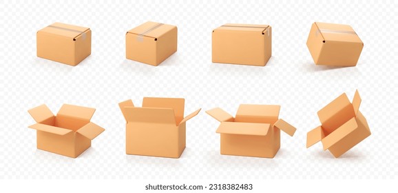 3D cardboard open and closed boxes isolated on transparent background. Delivery cargo box set. Cartoon style cardboard box or delivery package. Vector 3d realistic