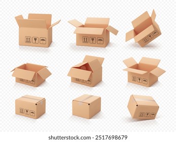 Cajas abiertas y cerradas de cartón 3D aisladas sobre fondo transparente. Conjunto de caja de carga de entrega. Caja de cartón de estilo de dibujos animados o paquete de entrega. Vector 3D realista