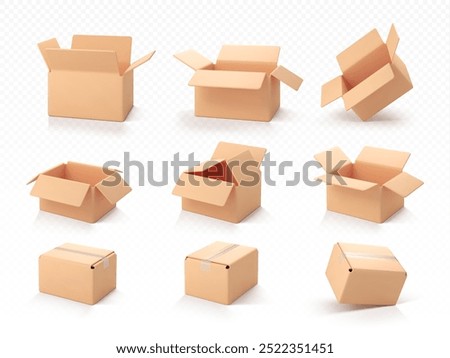3D cardboard open and closed boxes isolated on transparent background. Delivery cargo box set. Сardboard box or delivery package. Vector 3d realistic