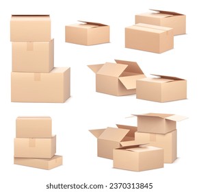 3d cardboard parcel box for package delivery vector icon. Isolated open brown carton empty gift pack. Warehouse closed paper cargo stack with tape. Container pile for distribution mockup design