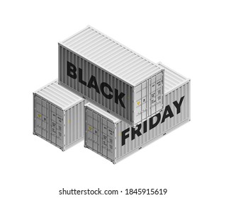 3D Cargo Container black friday Vector. Classic isometry Cargo Container. Freight Shipping Concept. Logistics, Transportation isometric Mock Up