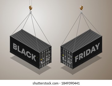 3D Cargo Container Black Friday Vector. Classic Isometry Cargo Container. Freight Shipping Concept. Logistics, Transportation Isometric Mock Up