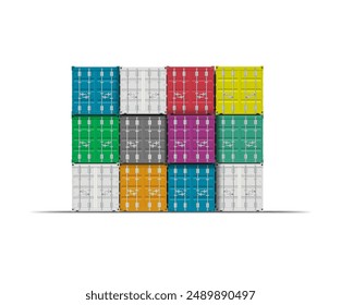 3D cargo container set. Steel containers standing on top of each other for storage, transportation, and logistics. Vector illustrations on white background.