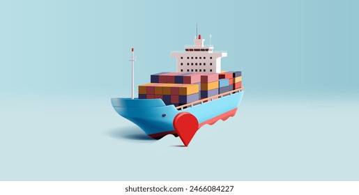 Barco marítimo de carga 3D con contenedores e icono de navegación. Para conceptos de comercio internacional, entrega de mercancías, seguimiento en línea. Vector
