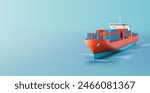 3D cargo ship with containers in the sea. Realistic cargo ship for international trade and goods delivery design concepts. Vector