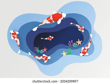 3D carp fish swimming. Colorful hand crafted art. Paper cut style. Vector illustration EPS10. 