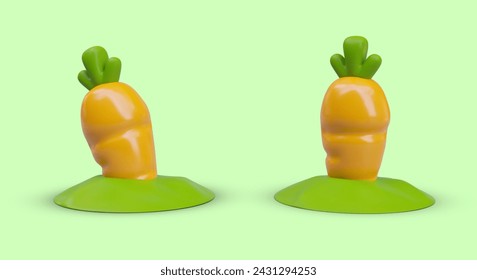 3D carrot half sticking out of ground. Color vector illustration in plasticine style
