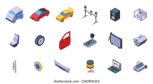 3D cars printing icons set isometric vector. Computer printer. Car auto