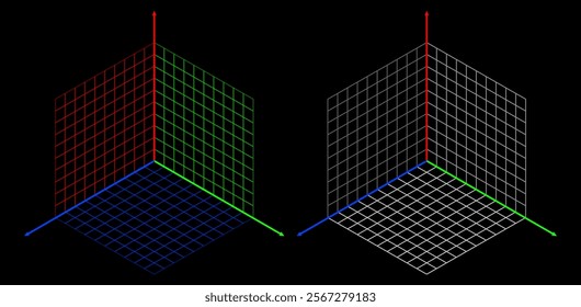 3D Cartesian Coordinate System. Isometric XYZ 3D Orthographic Grid. Colored X, Y and Z Axis Planes. Red, Green and Blue Planes. Vector Illustration.