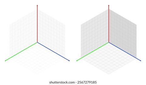 3D Cartesian Coordinate System. Isometric XYZ 3D Orthographic Grid. Colored X, Y and Z Axis Planes. Red, Green and Blue Planes. Vector Illustration.