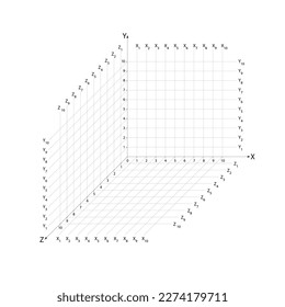 3d Sistema de coordenadas cartesianas xyz con división de regla aislada en el fondo blanco. Coordenadas planos xy, xz, yz. Vector.