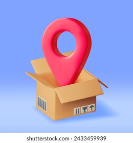 3D Carton Packaging Box with Location Pin. Render Cardboard Package with Cover. Postal Signs of Fragile. Carton Delivery Packaging. Presentation, Gift Transportation and Logistics. Vector Illustration