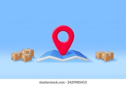 3D Carton Packaging Box with Map and Location Pin. Render Map and Cardboard Package with Cover. Carton Delivery Packaging. Presentation, Gift Transportation and Logistics. Vector Illustration