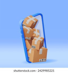 3D Carton Packaging Box in Smartphone Isolated. Render Cardboard Package with Cover. Postal Signs of Fragile. Carton Delivery Packaging. Transportation and Logistics. Vector Illustration