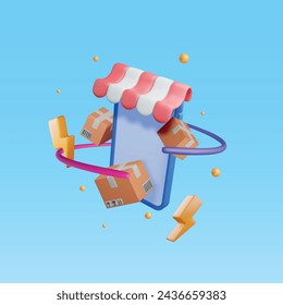 3D Carton Packaging Box in Smartphone with Awning. Render Cardboard Package with Cover. Postal Signs of Fragile. Carton Delivery Packaging. Transportation and Logistics. Vector Illustration