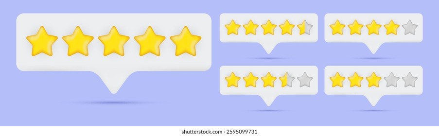 3D Cartoon 5-Stars, 4.5-Stars, and 4-Stars Rating Icons with Dialogue and Bubbles: Boost Engagement, Build Trust, Enhance Customer Feedback, and Elevate Product Reviews Vector.