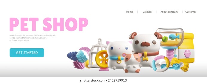 3D cartoon advertisement for pet products. Vector banner showcasing toys, food and accessories for pets. Ideal for online store landing pages and web headers.