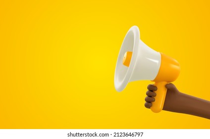 3d cartoon African hand holding megaphone vector illustration. Promotion advertising or hiring 3d loudspeaker in african american arm