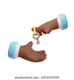 3D cartoon afro hand holding key. Emoji icon of human hands with key, blue sleeve. Real estate agent give house door key to client. Access or property concept, apartment rent
