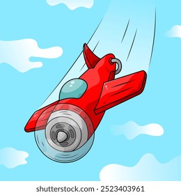 3D cartoon aircraft illustration. An old plane flying in the sky. Red airplane with motion lines and clouds background.