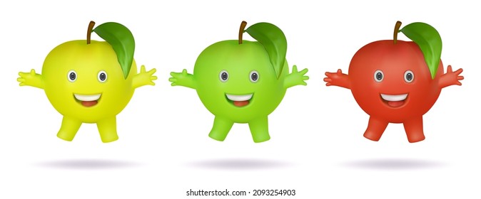 3d cartoon apple character. Cute mascot fruits juice. Green and yellow and red apples realistic vector illustration. 