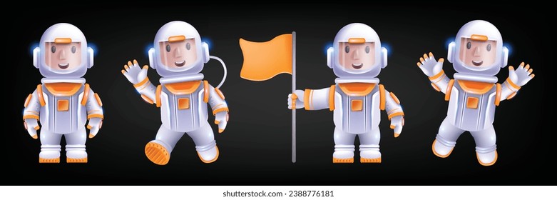 3D cartoon astronaut set, vector cute spaceman game character children education cosmos illustration. Smiling adorable boy in space helmet and spacesuit, childish comic clipart. 3D astronaut mascot