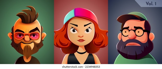 3d cartoon avatar set. Human face collection. Vector illustration