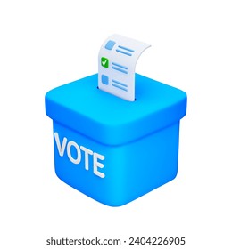 3D Cartoon Ballot Box and Putting in it Ballot Paper with Check Mark Isolated on White Background. Design Element for Election Campaign Concept. Vector Illustration of 3D Render in Cartoonish Style.