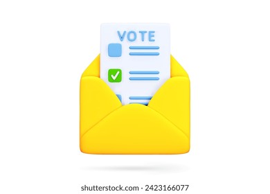 3D Cartoon Ballot Paper with Check Mark in Yellow Envelope Isolated on White Background. Voting by Mail Polling. Design Elements for Election Campaign. Vector Illustration of 3D Render.