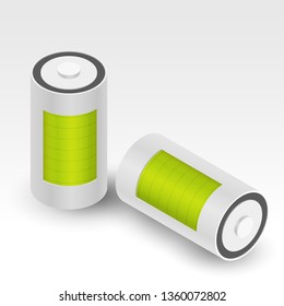 3d cartoon battery with green charge indicator isolated on white background. Isometric vector illustration.