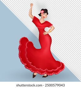 3d cartoon beautiful Spanish Woman in long scarlet dress and flower in her hair dancing flamenco on transparent background. Three dimensional cheerful female Flamenco dancer performing a choreography