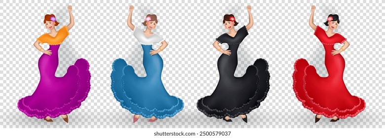 3d cartoon beautiful Spanish Women in long dresses and flowers in their hair dancing flamenco on transparent background. Three dimensional cheerful female Flamenco dancers performing a choreography