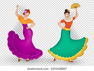 3d cartoon beautiful Spanish Women in long dresses and flowers in their hair dancing flamenco on transparent background. Three dimensional cheerful female Flamenco dancers performing a choreography