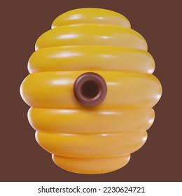 3d cartoon bee hive in vector realistic funny style. Cute art element. Funny plasticine or glossy clay design object. Sweet colorful illustration on minimal background.